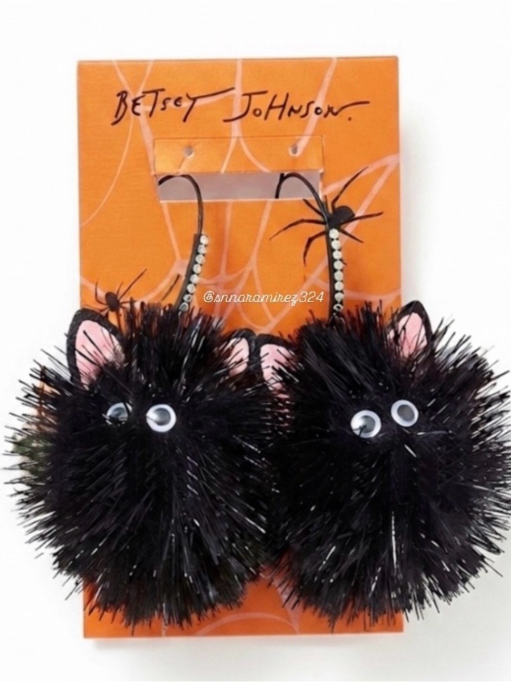 Betsey Johnson Black Cat Pom-Pom Earrings NWT